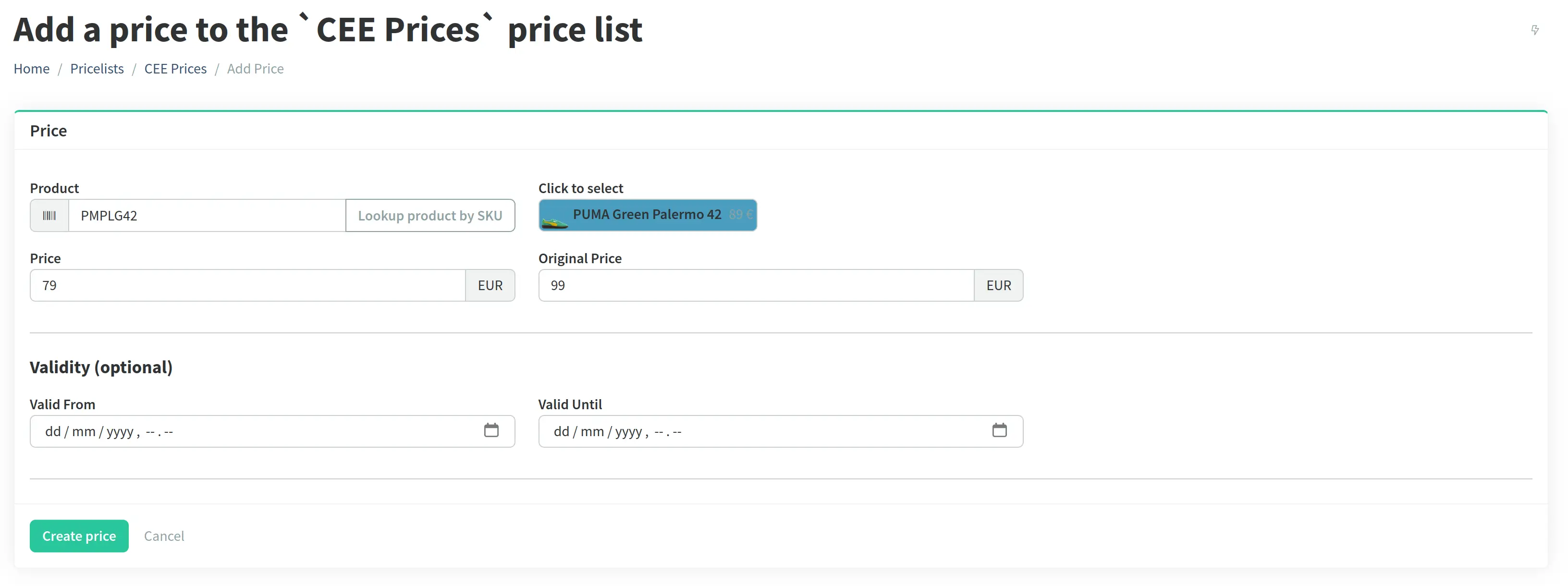 Price list prices in Admin Panel