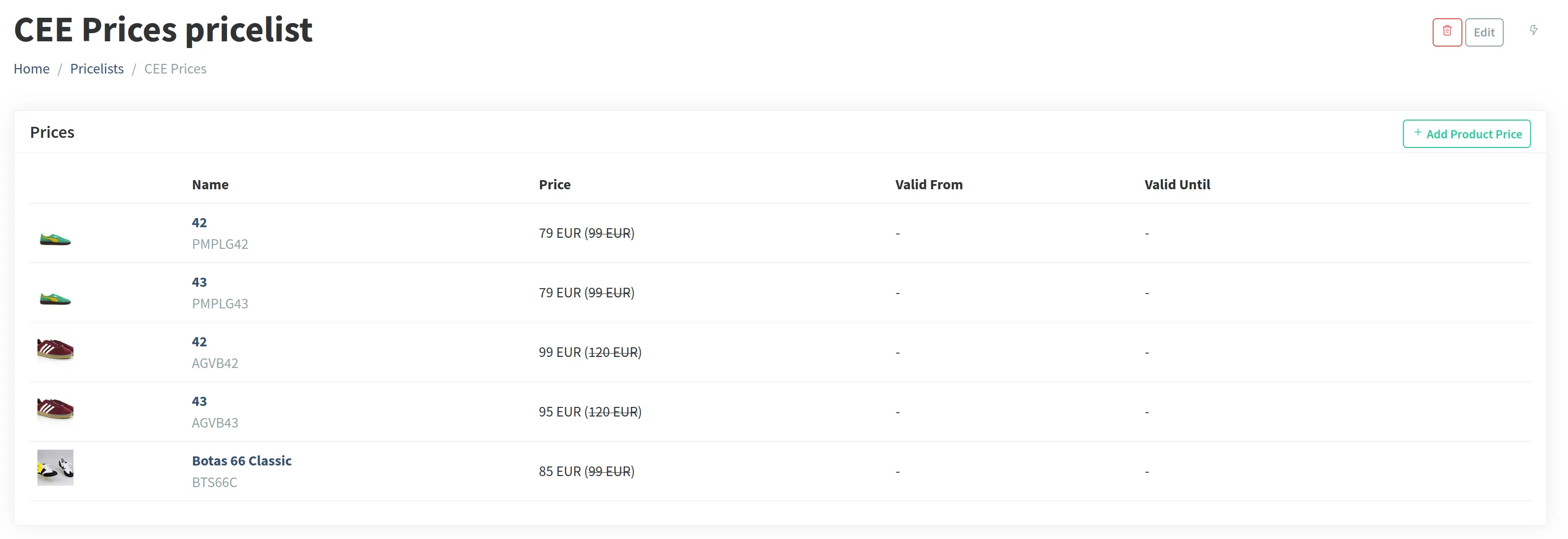 Price list prices in Admin Panel